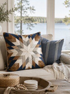 Cowhide Leather Pillow Cover Sham Geometric Starburst Zip Closure NWOT